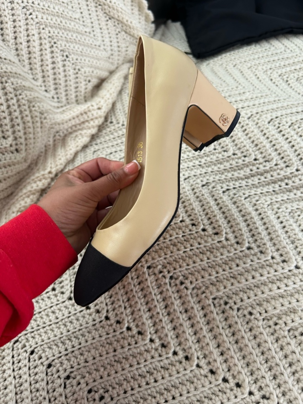 CHANEL Beige and Black Cap-Toe Leather Pumps